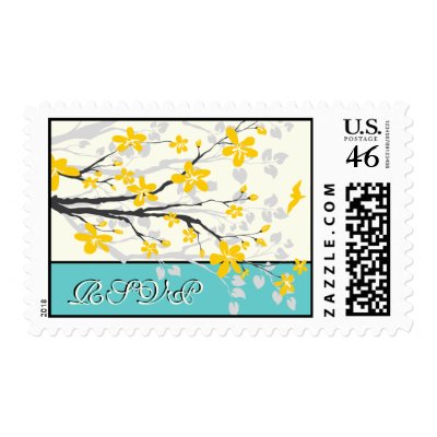 Magnolia flowers yellow turquoise wedding RSVP Stamp by weddings 