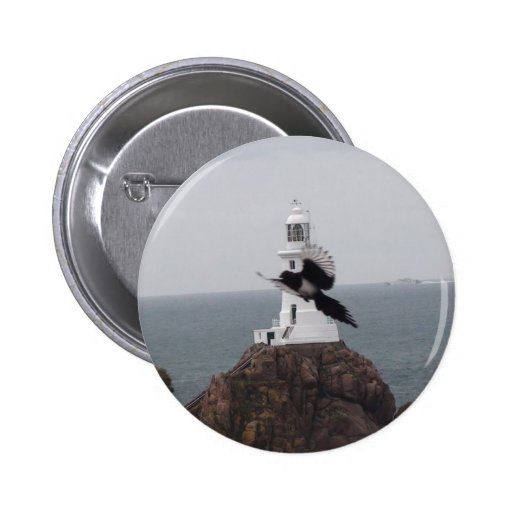 Magpie flying past La Corbiere Lighthouse Pinback Buttons