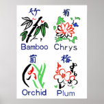 Mahjong Flower Suits,Blue,Red,Green,Black on White Posters