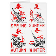 Mahjong Tiles, Four Seasons , On White Background Greeting Cards