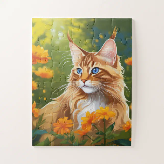 Maine Coon Cat In Flower Field Jigsaw Puzzle Zazzle