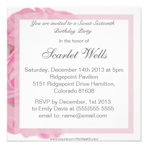 Majestic Pink Roses Sweet Sixteen Birthday Party Custom Invitations