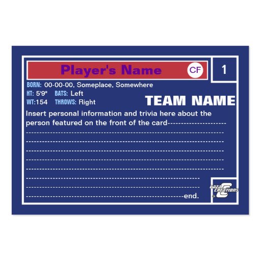 Make Your Own Baseball Card Business Card (back side)