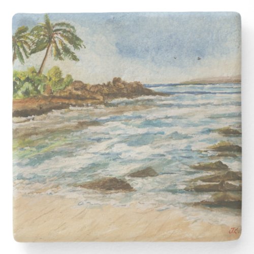 Makena Cove Hawaii Beach Watercolor Stone Beverage Coaster
