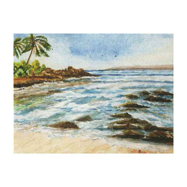 Makena Cove Hawaii Beach Watercolor Wrapped Canvas Canvas Print