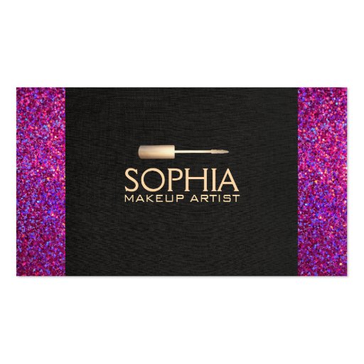 Makeup Artist Black Linen and Purple Glitter Look Business Card (front side)