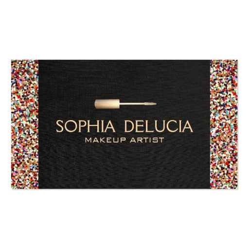 Makeup Artist Black Linen, Gold Foil & Glitter Business Card Templates (front side)