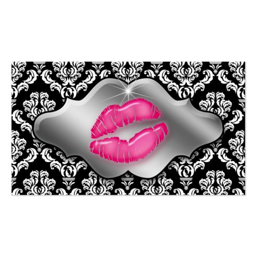 Makeup Artist Business Cards Pink Lips Damask Silv (front side)