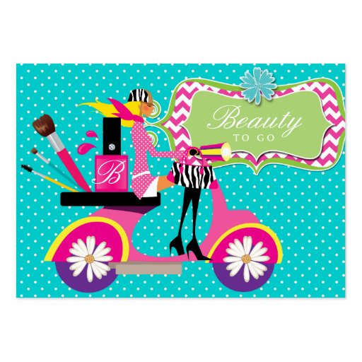 Makeup Artist Cosmetologist Scooter Girl Dots 2 Business Card Template (front side)