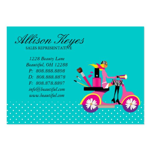 Makeup Artist Cosmetologist Scooter Girl Dots 2 Business Card Template (back side)