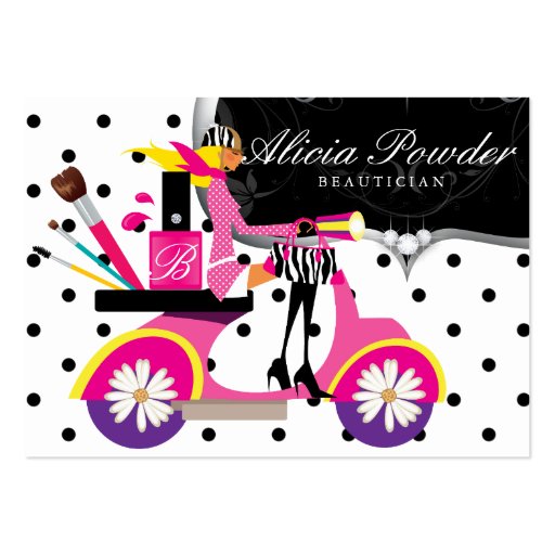 Makeup Artist Cosmetologist Scooter Girl Dots Business Card Templates (front side)