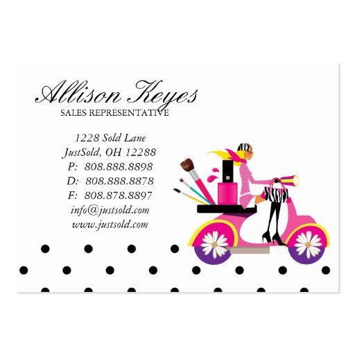 Makeup Artist Cosmetologist Scooter Girl Dots Business Card Templates (back side)