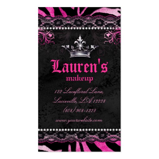 Makeup Artist Crown N Lace Zebra Red Pink Business Cards (front side)