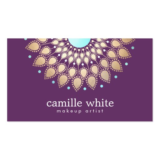 Makeup Artist  Elegant Gold Ornate Motif Purple Business Card Templates (front side)