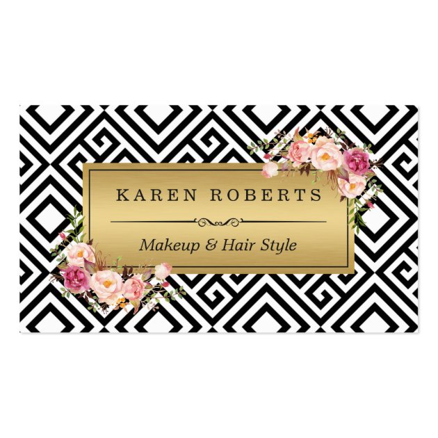 Makeup Artist Floral Gold Abstract Geometric Business Card (front side)