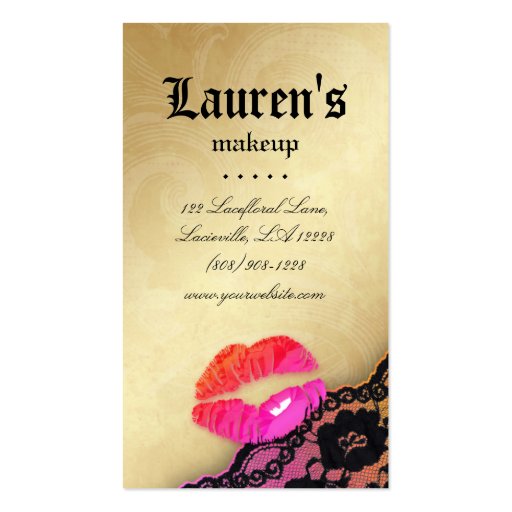 Makeup Artist Glossy Lips N Lace Pink Orange Gold Business Card (front side)