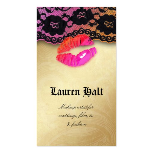 Makeup Artist Glossy Lips N Lace Pink Orange Gold Business Card (back side)