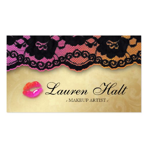 Makeup Artist Glossy Mini Lips N Lace Pink Orange Business Card Templates (back side)