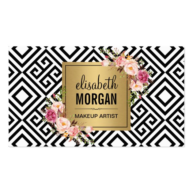 Makeup Artist Gold Abstract Pattern Floral Decor Business Card (front side)