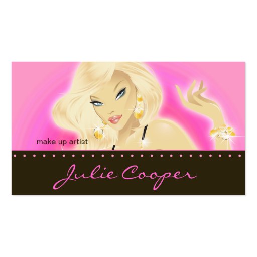 Makeup Artist Jewelry Pretty Blonde Woman Hot Pink Business Card Template (front side)