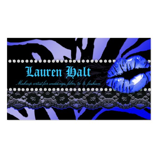 Makeup Artist Lips N Lace Blue Zebra Modern Business Card Template (back side)