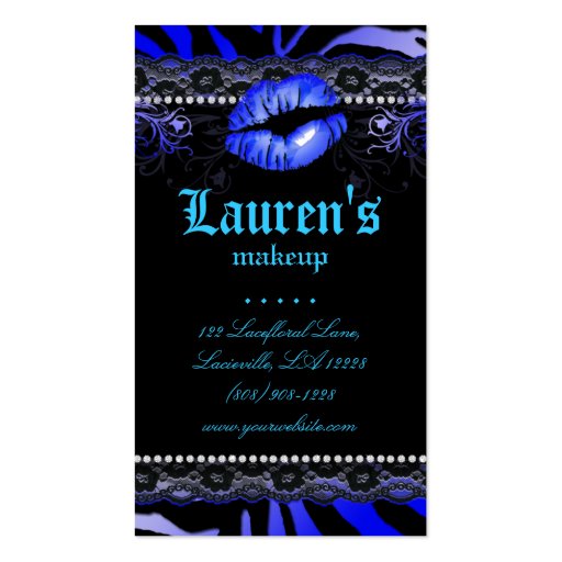 Makeup Artist Lips N Lace Blue Zebra Modern Business Card Template (front side)
