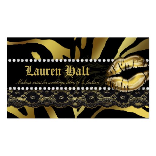 Makeup Artist Lips N Lace Gold Zebra Modern Business Card Template (back side)