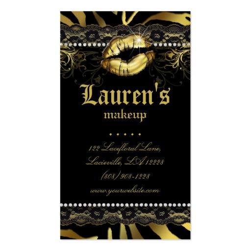 Makeup Artist Lips N Lace Gold Zebra Modern Business Card Template (front side)