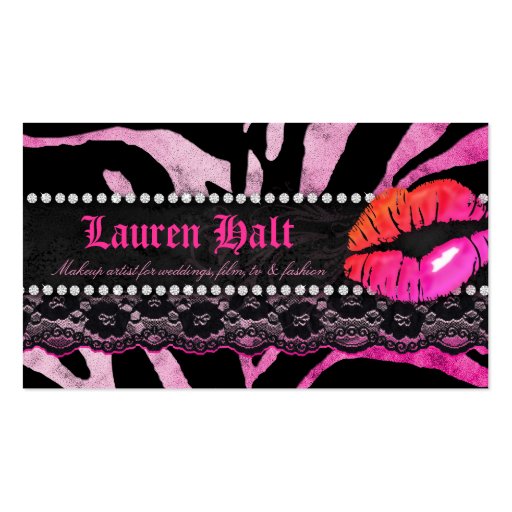 Makeup Artist Lips N Lace Pink Zebra Business Card Templates (back side)