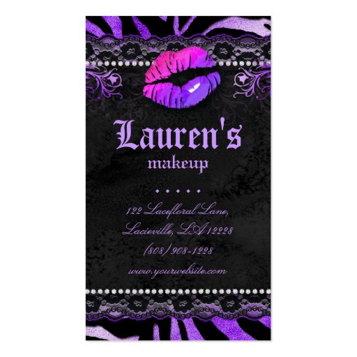 Makeup Artist Lips N Lace Purple Zebra Business Card Template