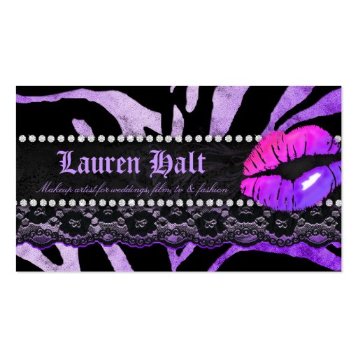 Makeup Artist Lips N Lace Purple Zebra Business Card Template (back side)