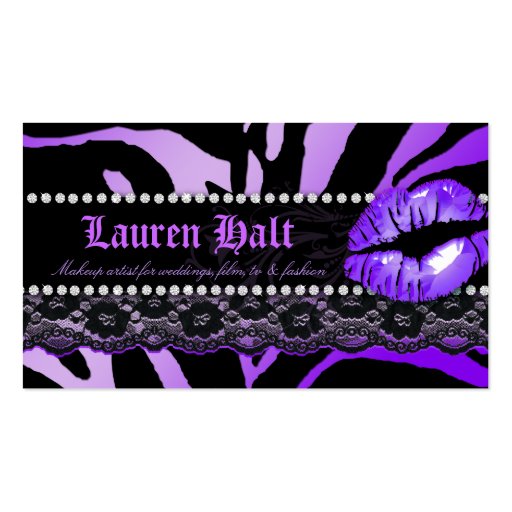 Makeup Artist Lips N Lace Purple Zebra Modern Business Card Template (back side)