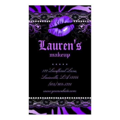 Makeup Artist Lips N Lace Purple Zebra Modern Business Card Template (front side)