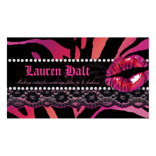 Makeup Artist Lips N Lace Zebra Red Pink Business Card Templates (back side)