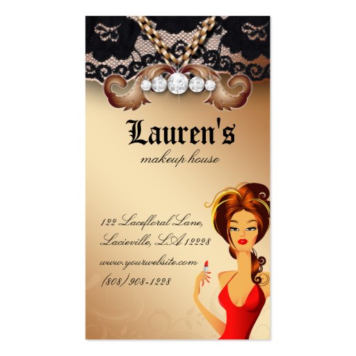 Makeup Artist Lips N Lipstick Jewelry Gold Lace Business Card (back side)