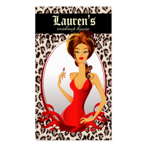 Makeup Artist Lips N Lipstick Red Leopard Beige Business Card Templates (front side)