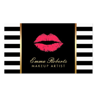 Makeup Artist Red Lips Modern Black White Stripes Business Card