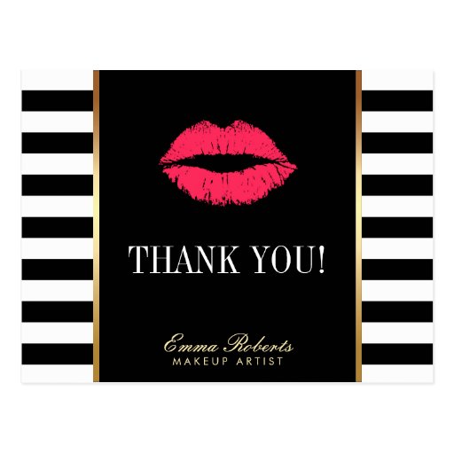 Makeup Artist Red Lips Modern Stripes Thank You Postcard Zazzle