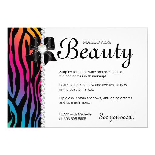 Makeup Party Invitation Zebra Rainbow Jewelry