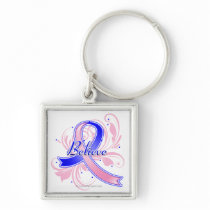 Male Breast Cancer Believe Flourish Ribbon Keychain