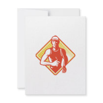 Male Marathon Runner Running Retro Woodcut Personalized Invitations