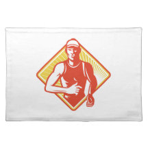 Male Marathon Runner Running Retro Woodcut Place Mat