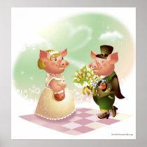 Male pig gives a bouqet of flowers to a female pig