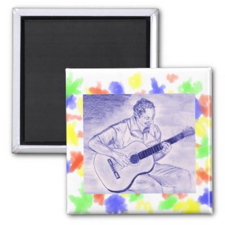 Male playing acoustic guitar while sitting Purple magnet