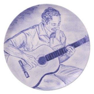 Male playing acoustic guitar while sitting Purple plate