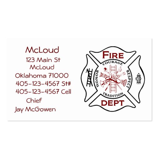 Maltese Cross Bussiness Cards Fire Fighters Business Card (front side)