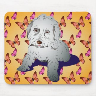 Maltipoo Cute Puppy on Butterfly Pattern Orange Mouse Pad