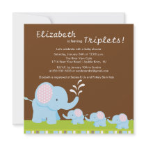 Mama & Baby Elephants Triplets Baby Shower Personalized Invite