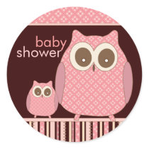 Mama Owl & Baby Owl in Pink and Brown Round Sticker
