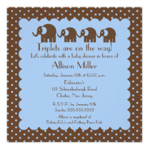 Mama & Triplet Baby Elephants Boy Baby Shower Custom Invitations